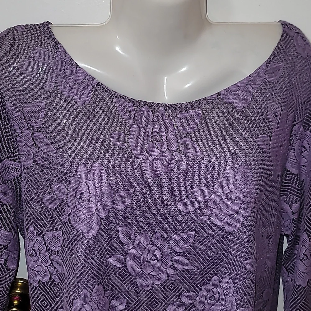Lace floral top purple roses 3/4 sleeve y2k blouse xl 16/18